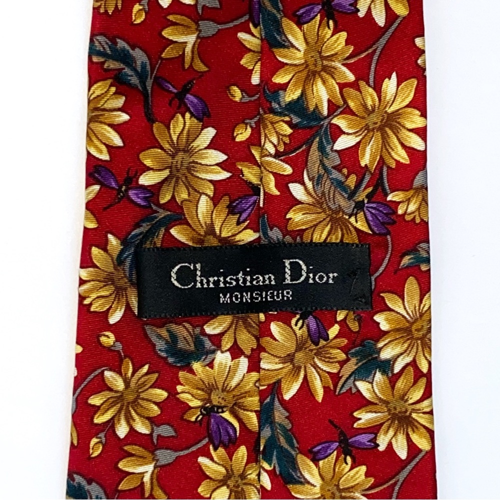 Christian Dior red golden yellow floral dragonfly print silk neck tie - Picture 4 of 5